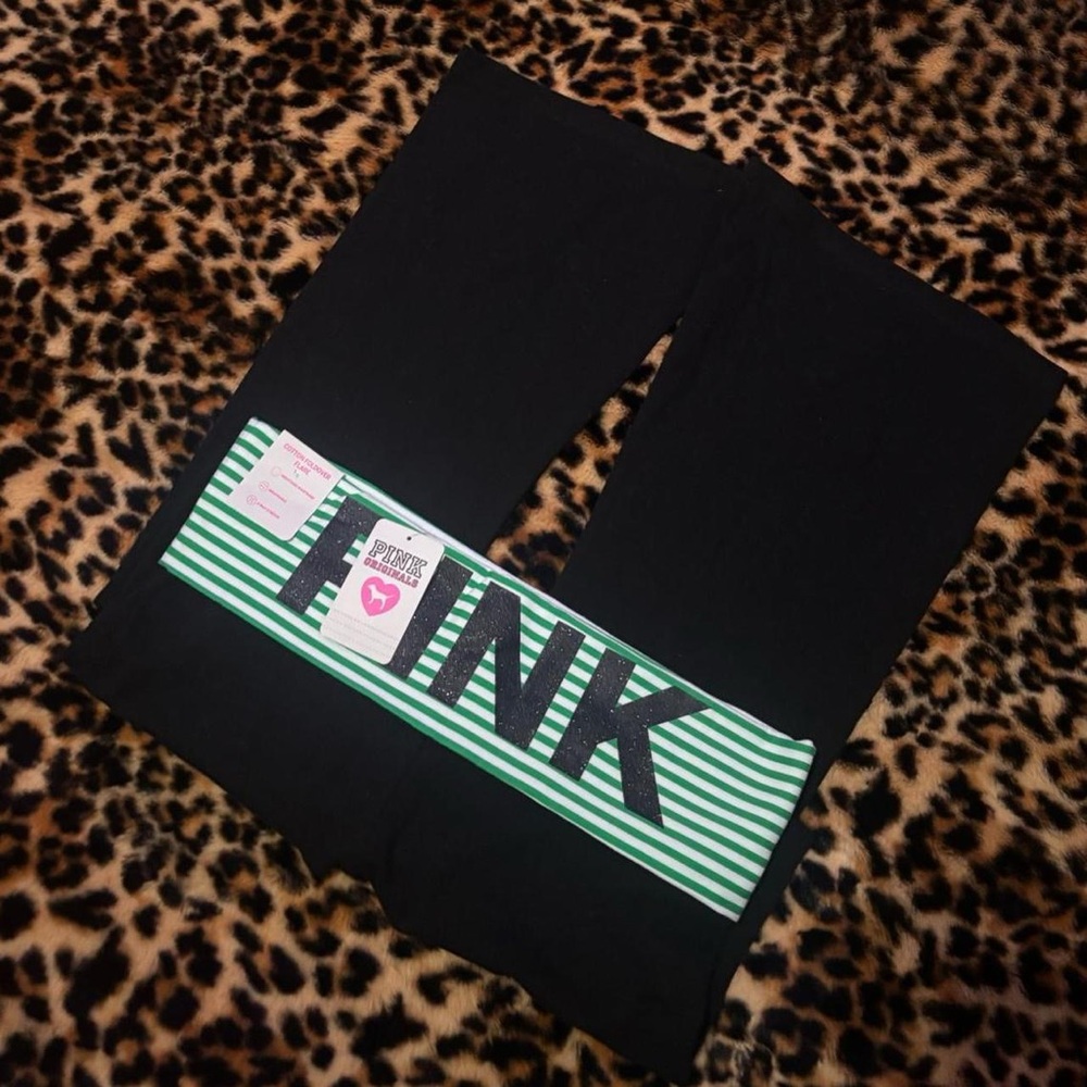 PINK Victoria's Secret Black and Green striped fold over Leggings - Picture 2 of 5